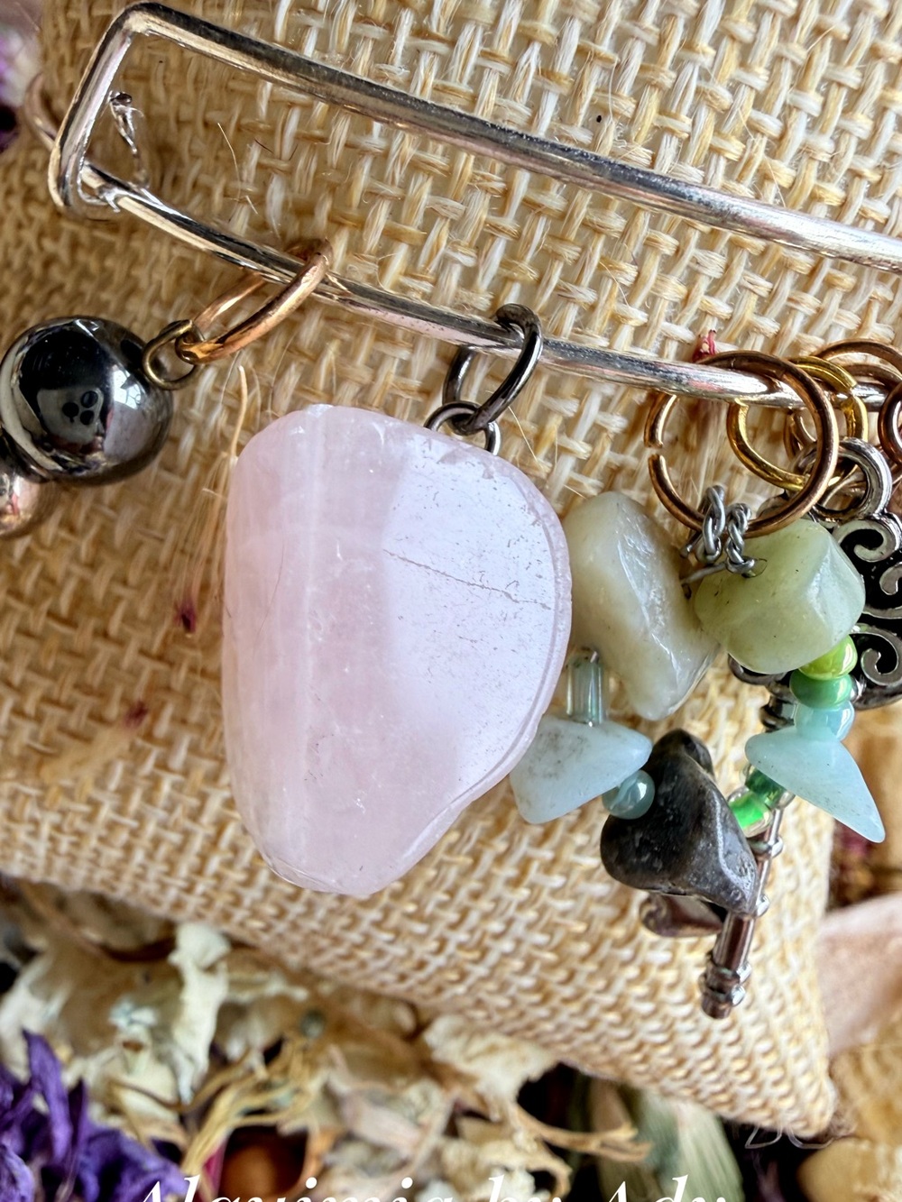 Gold pink quartz and green amazonite Charm Bracelet